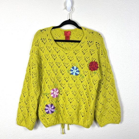 Vintage 80s Boho Hippie Knit Mustard Yellow Sweater Floral Embroidery Medium - Picture 1 of 7